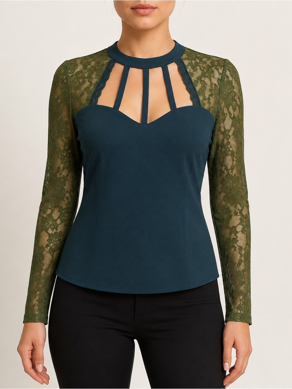 151 NWT Wrapper Teal Green Lace Sleeve Cage Neck Blouse Size L